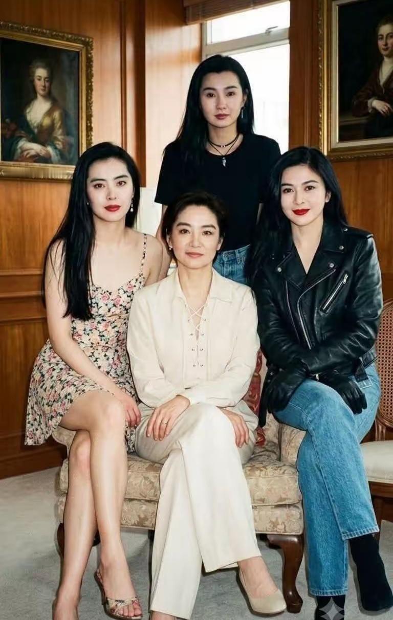 四个美女在客厅合影，背景有画。如果再有李嘉欣就更完美了，她们是香港的代表，是最美