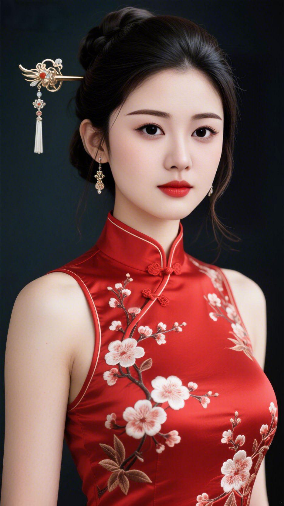 红襟浸满梅香深幕背景里，她一身红缎旗袍缀着白梅绣纹，领口盘扣轻合，发间金簪