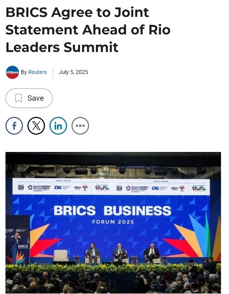 路透社：金砖国家峰会前破局！11国就敏感议题达成联合声明据路透社7月5日报道