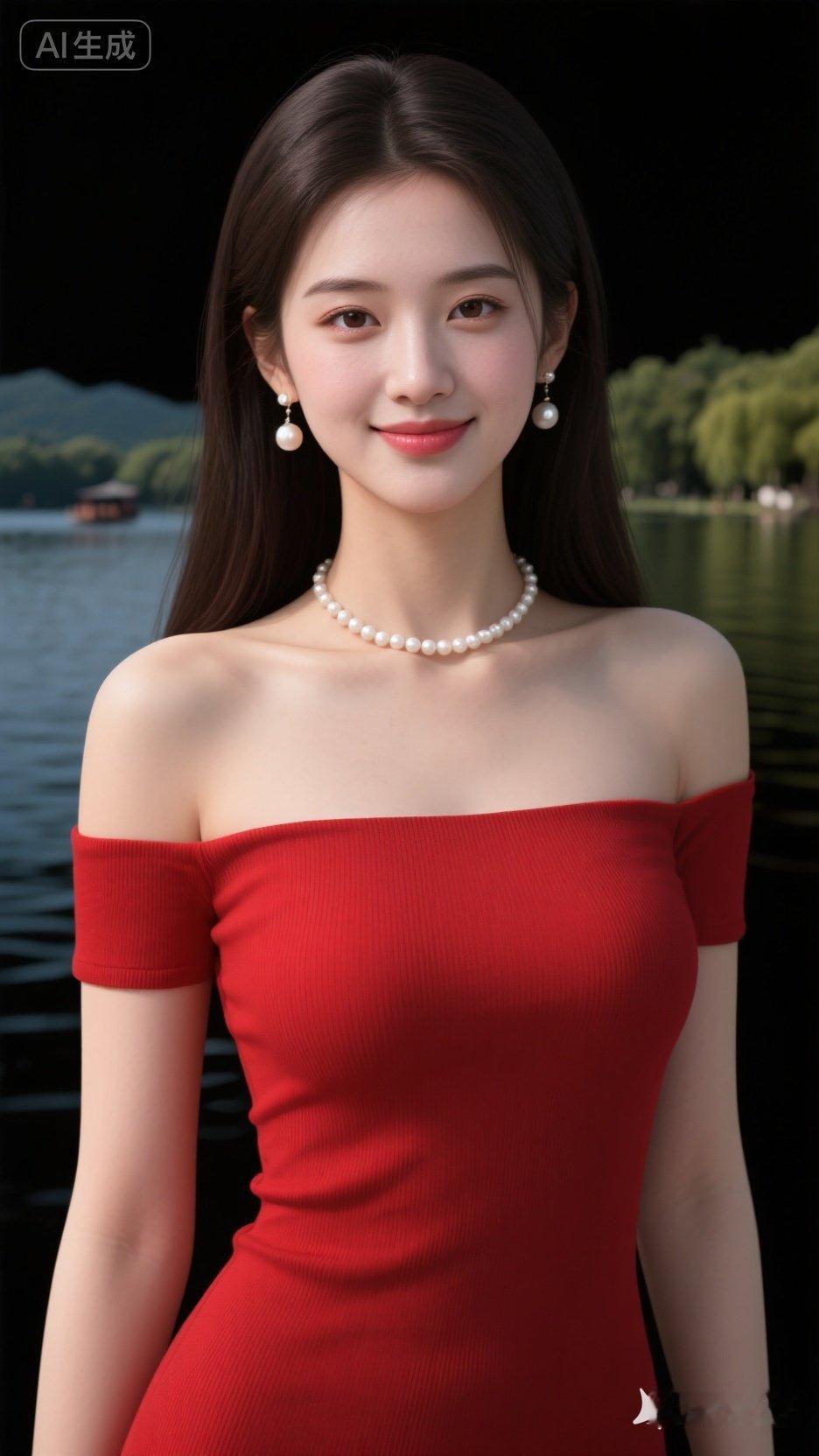 优雅红裙，珍珠闪耀，湖畔美景，尽显迷人风情