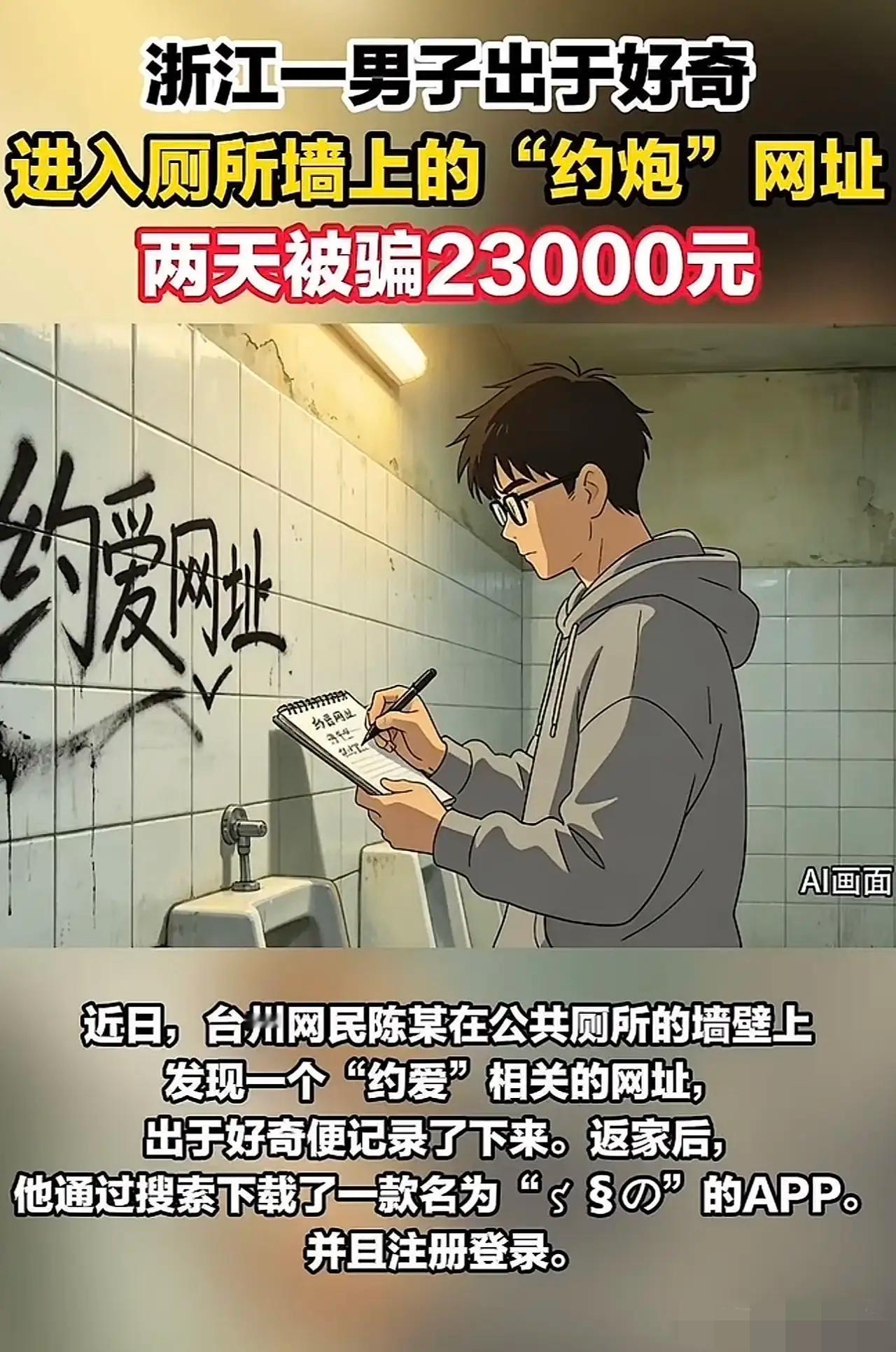 尿个尿都能被骗两万多！浙江台州有位陈先生，在公共厕所如厕的时候看到了一个约炮网站