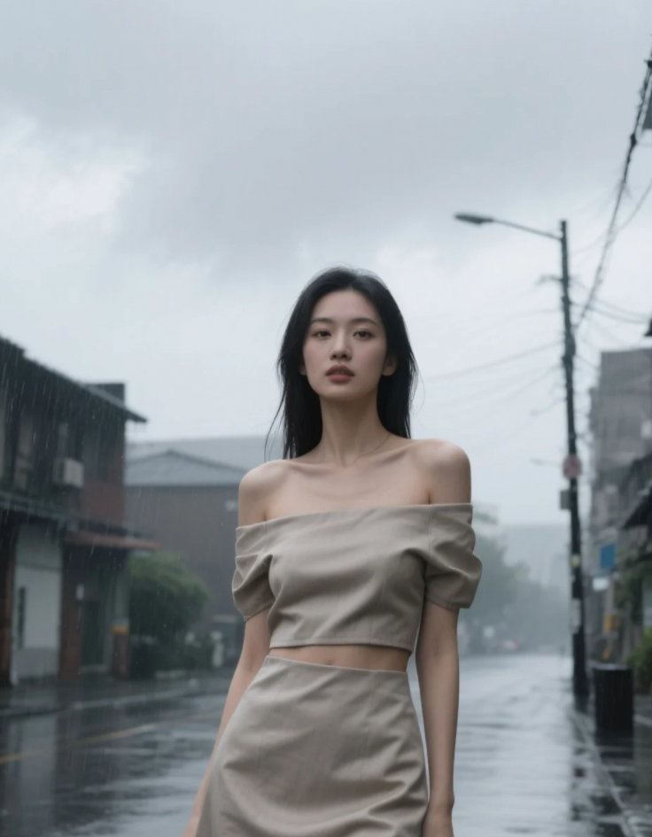 雨丝轻舞，美女在阴雨中静立，宛如一幅水墨画