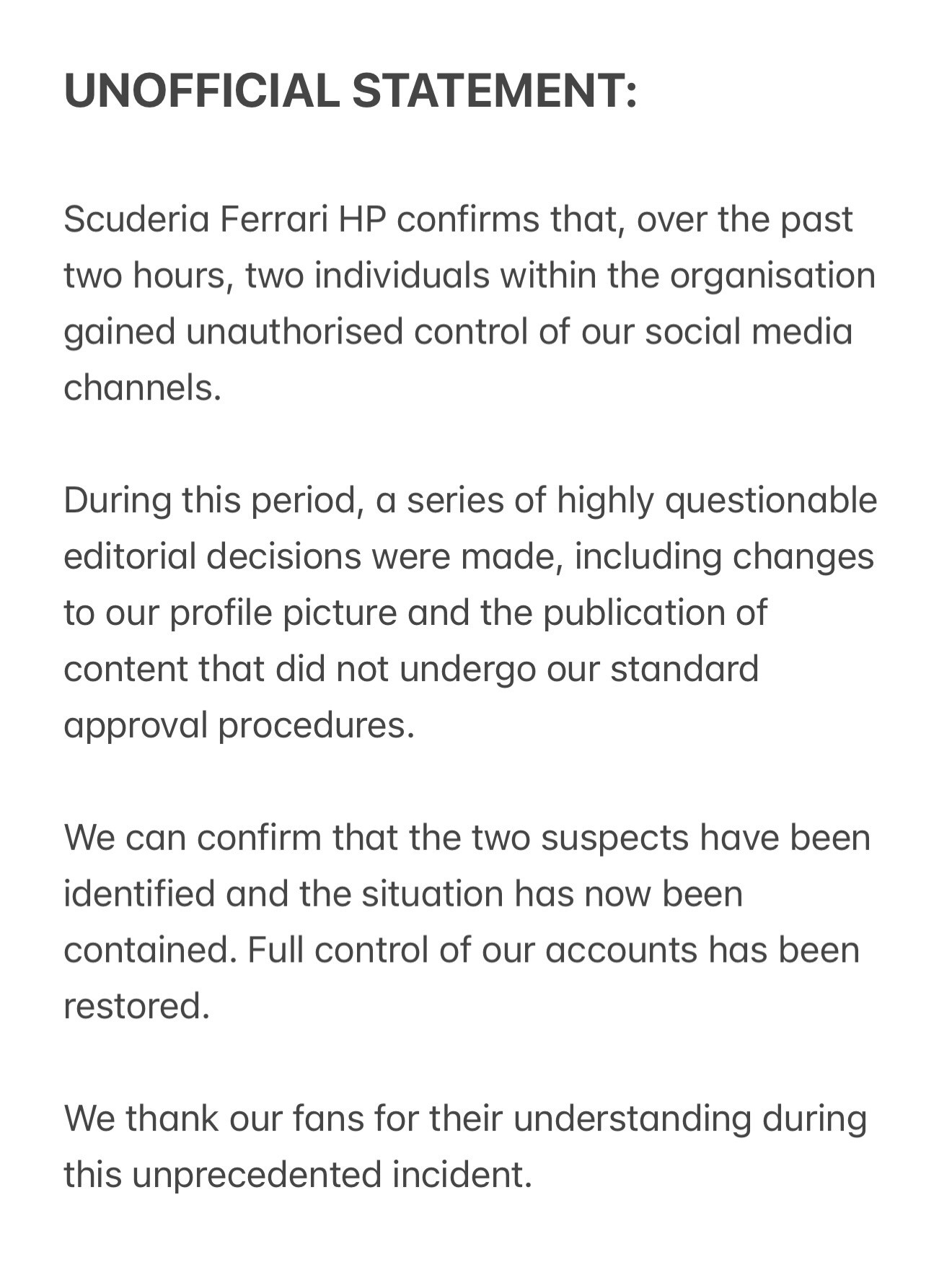 法拉利车队发布（非）官方声明：ScuderiaFerrariHP确认，在过