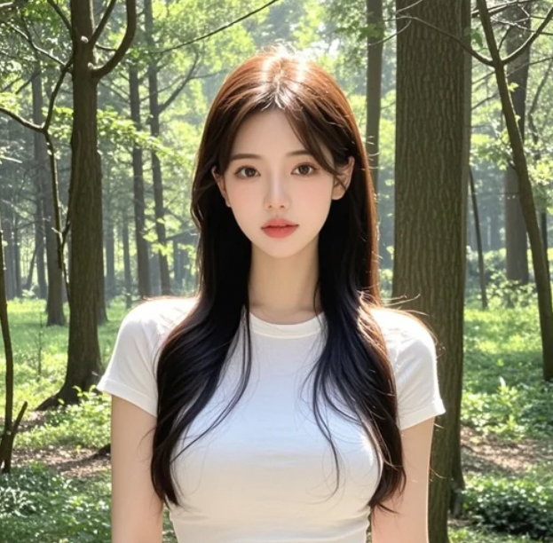美女漫步森林，与自然融为一体