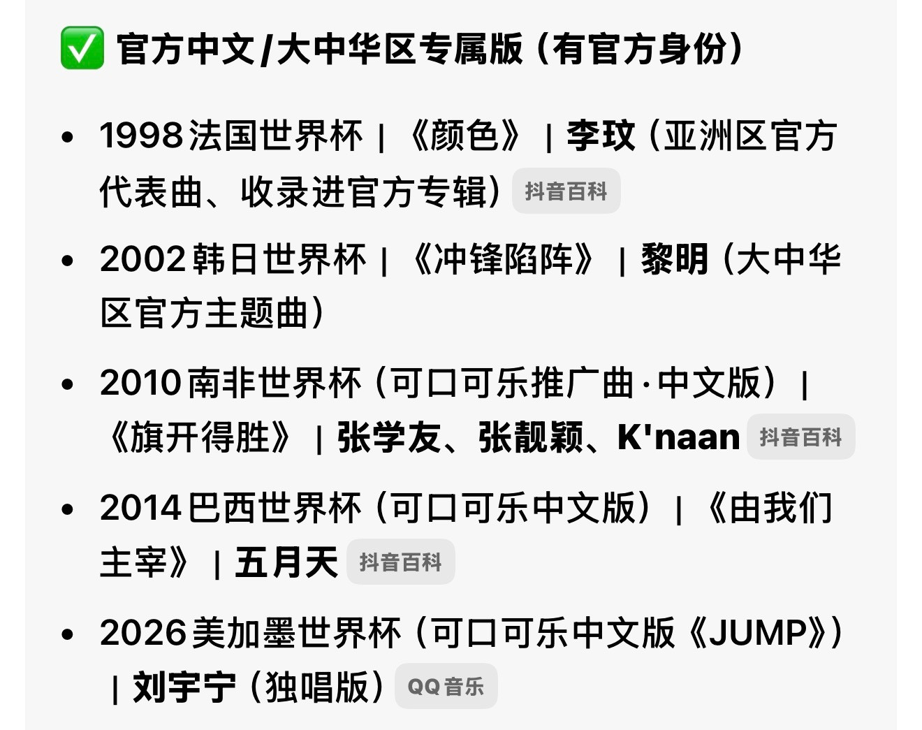 #摩登兄弟##刘宇宁#世界杯、世界主题乐园、世界赛事，历年演唱歌手，全部列出来。自己看。根本不是内娱