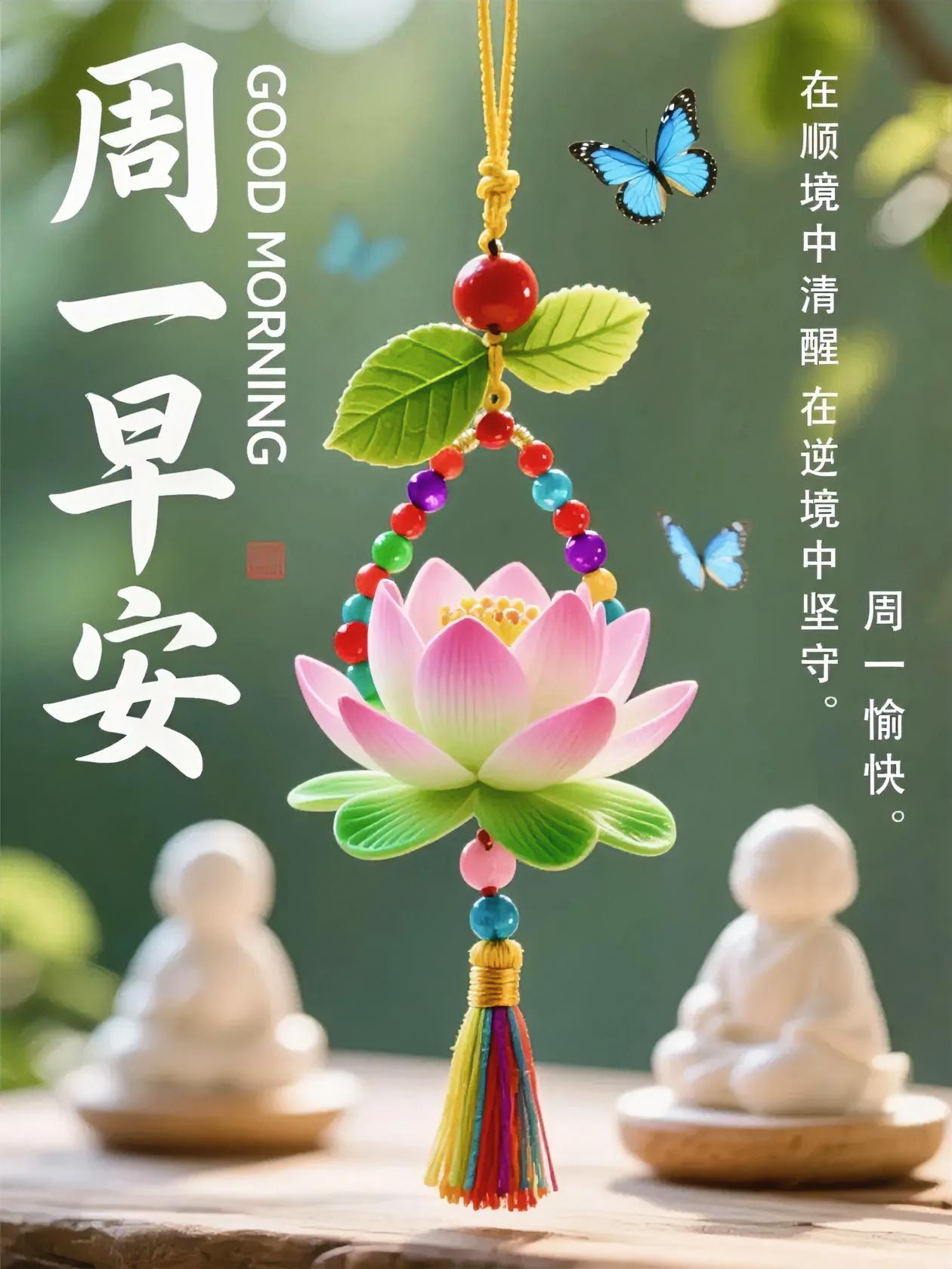 周一早安！莲花开在清风里，蝴蝶翩跹送吉祥，愿你顺境清醒，逆境坚守，愉快开工！