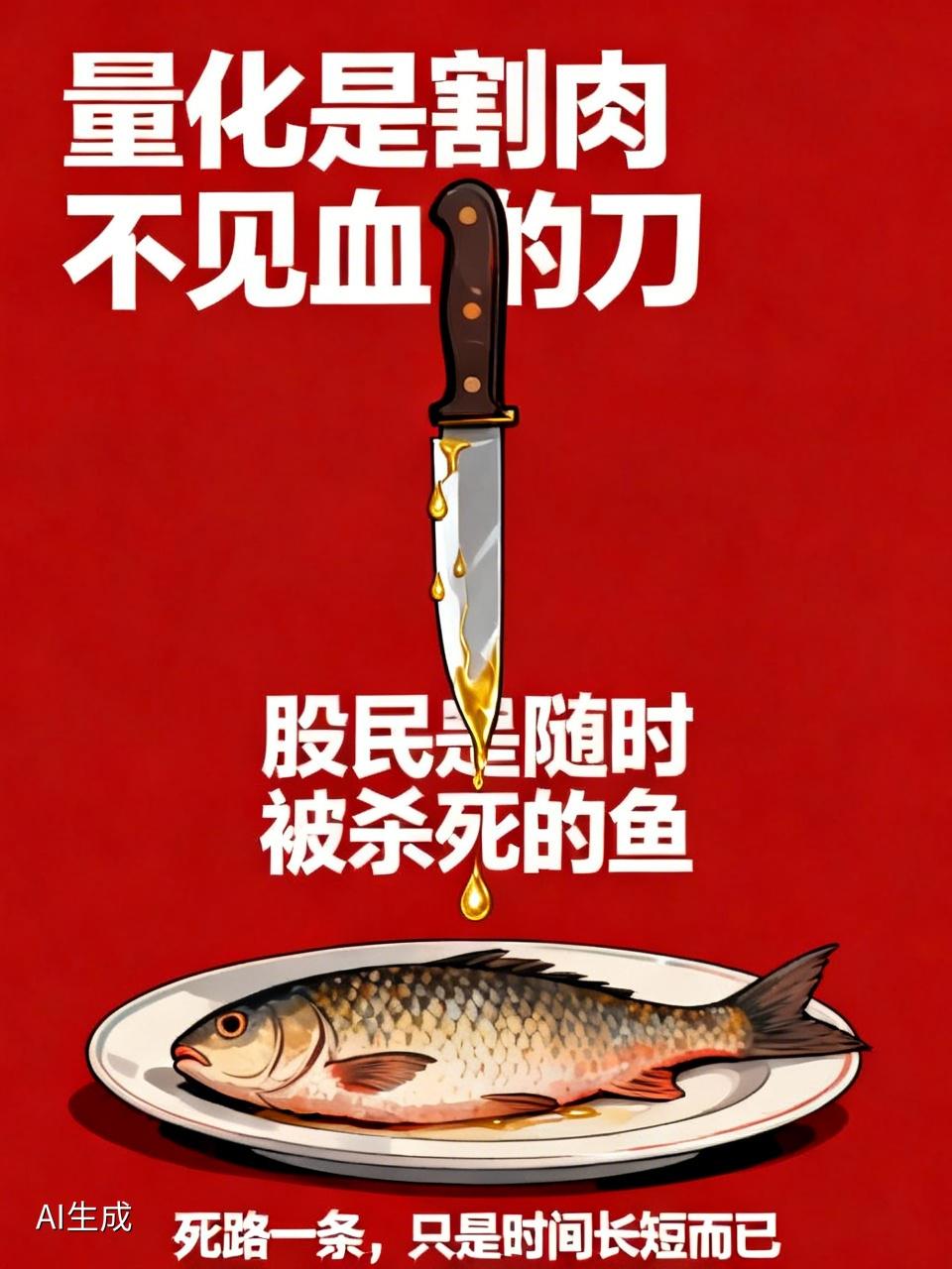 量化是割肉不见血的刀；股民是随时被杀死的鱼；人为刀俎，我为鱼肉，死路一条，