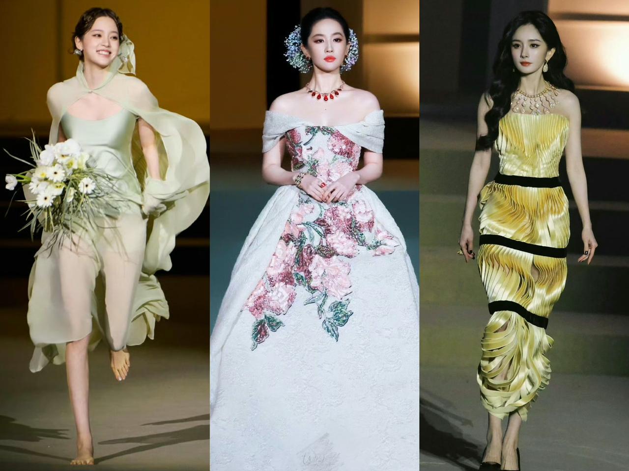 来看看vogue活动，女明星们的走秀状态。杨幂穿着金色长裙走来了，刘亦菲