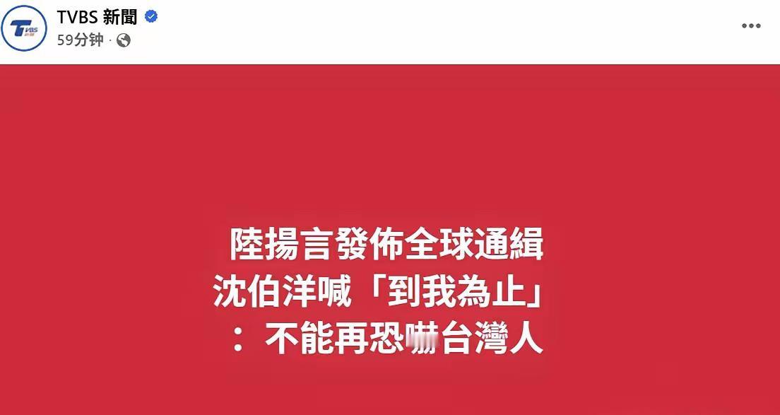 台TVBS新闻报道：“针对大陆扬言发布全球通缉，沈伯洋高喊到我为止，冲我来，不能
