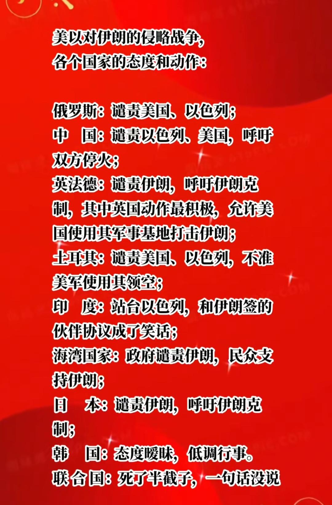 美以对伊朗的侵略，各个国家的态度