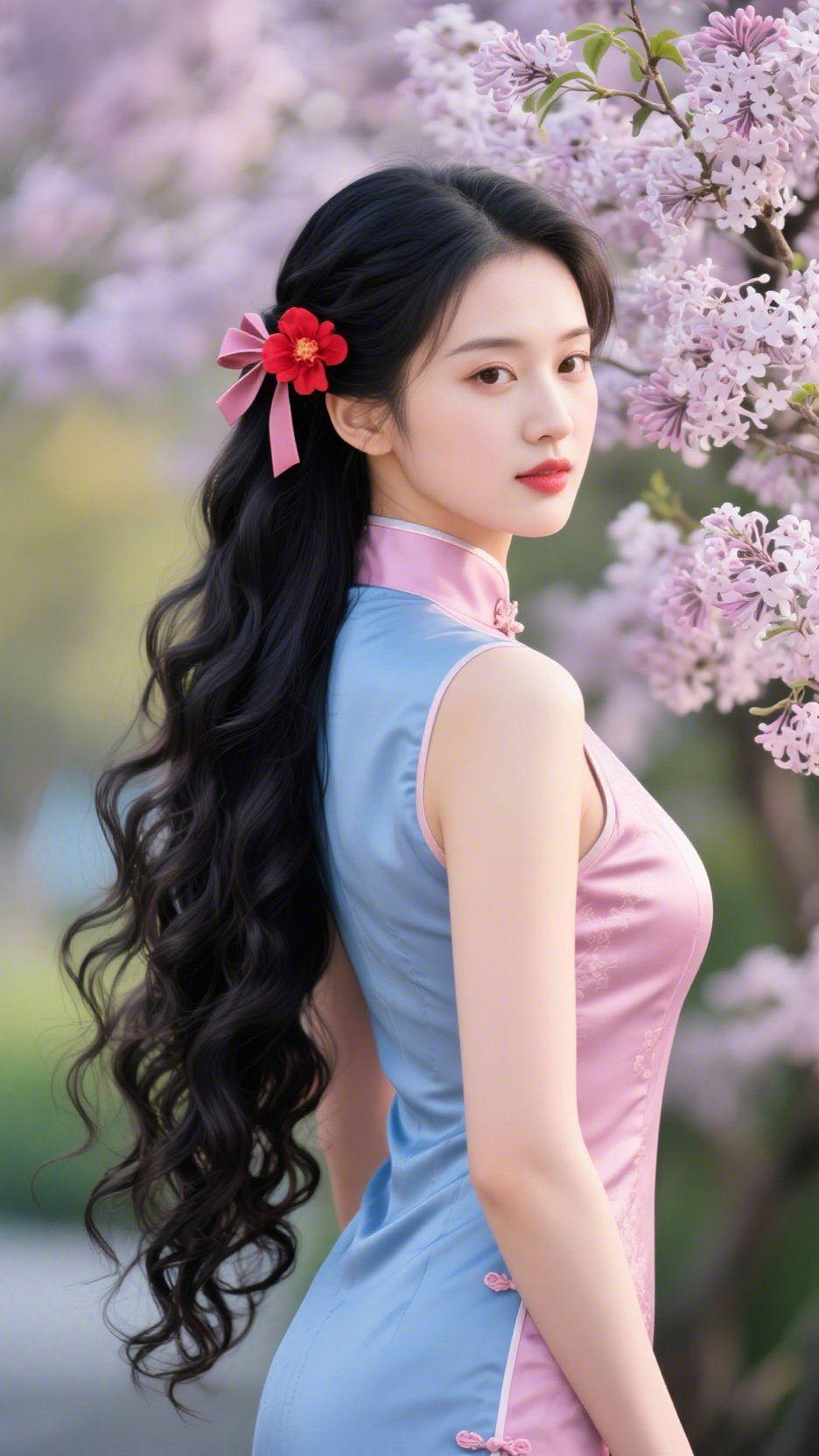 丁香绕旗袍春风揉碎了枝头的紫，一簇簇丁香绕着肩头，晕开温柔的弧度。粉蓝相间