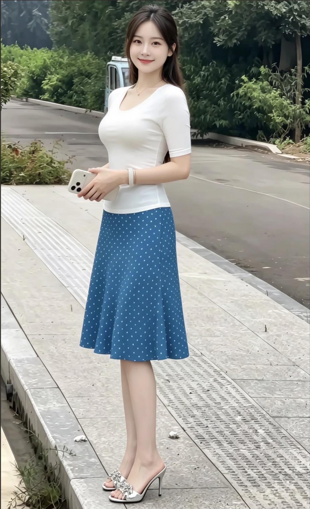 干净白T搭配蓝底波点鱼尾半裙清爽配色自带夏日氛围感小波点复古又灵动，鱼尾裙摆