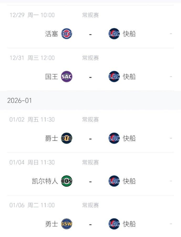 快船未来5连主场赛程：12月29日：对阵活塞12月31日：对阵国王1月2日