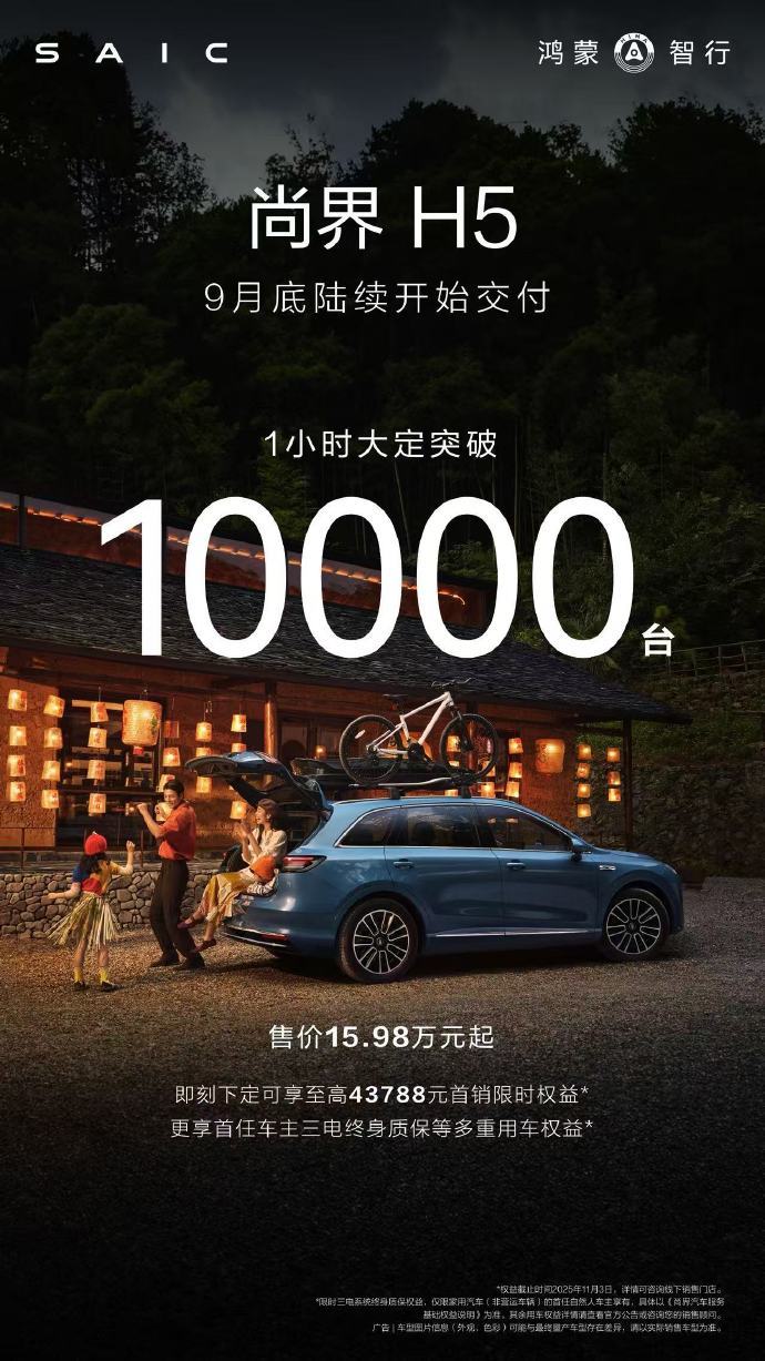 尚界H5上市1小时大定破1万战报+1[墨镜]​​​尚界H5是目前鸿蒙智行最入门
