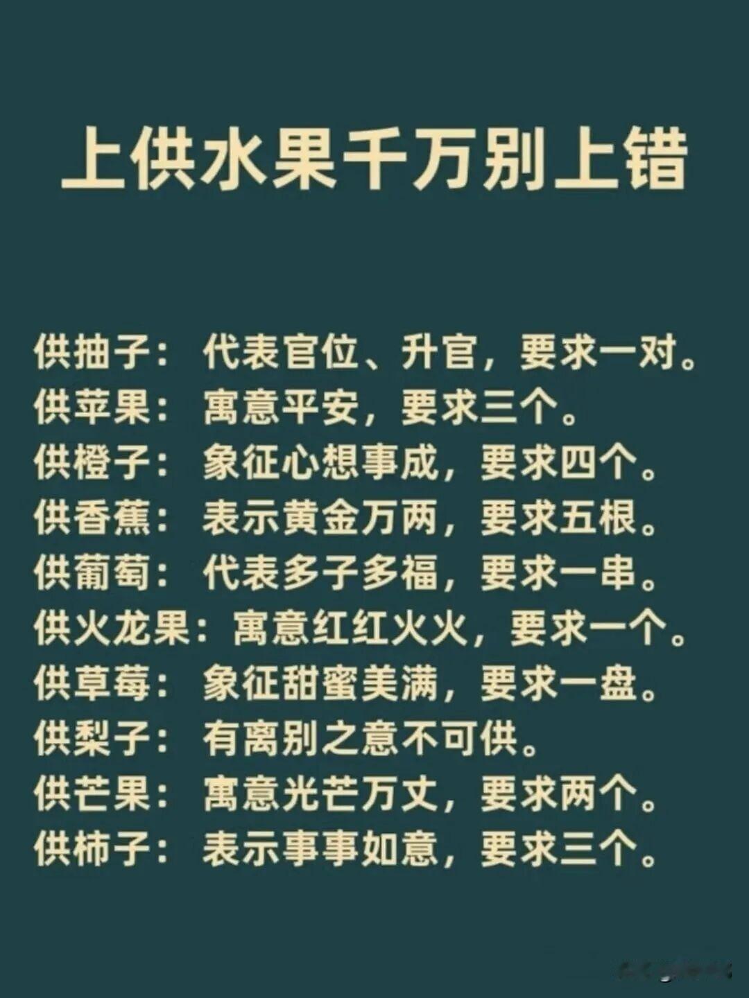 上供水果千万别上错。[祈祷]上供，讲究在于“心诚”二字上，但是有些规矩还真得知道