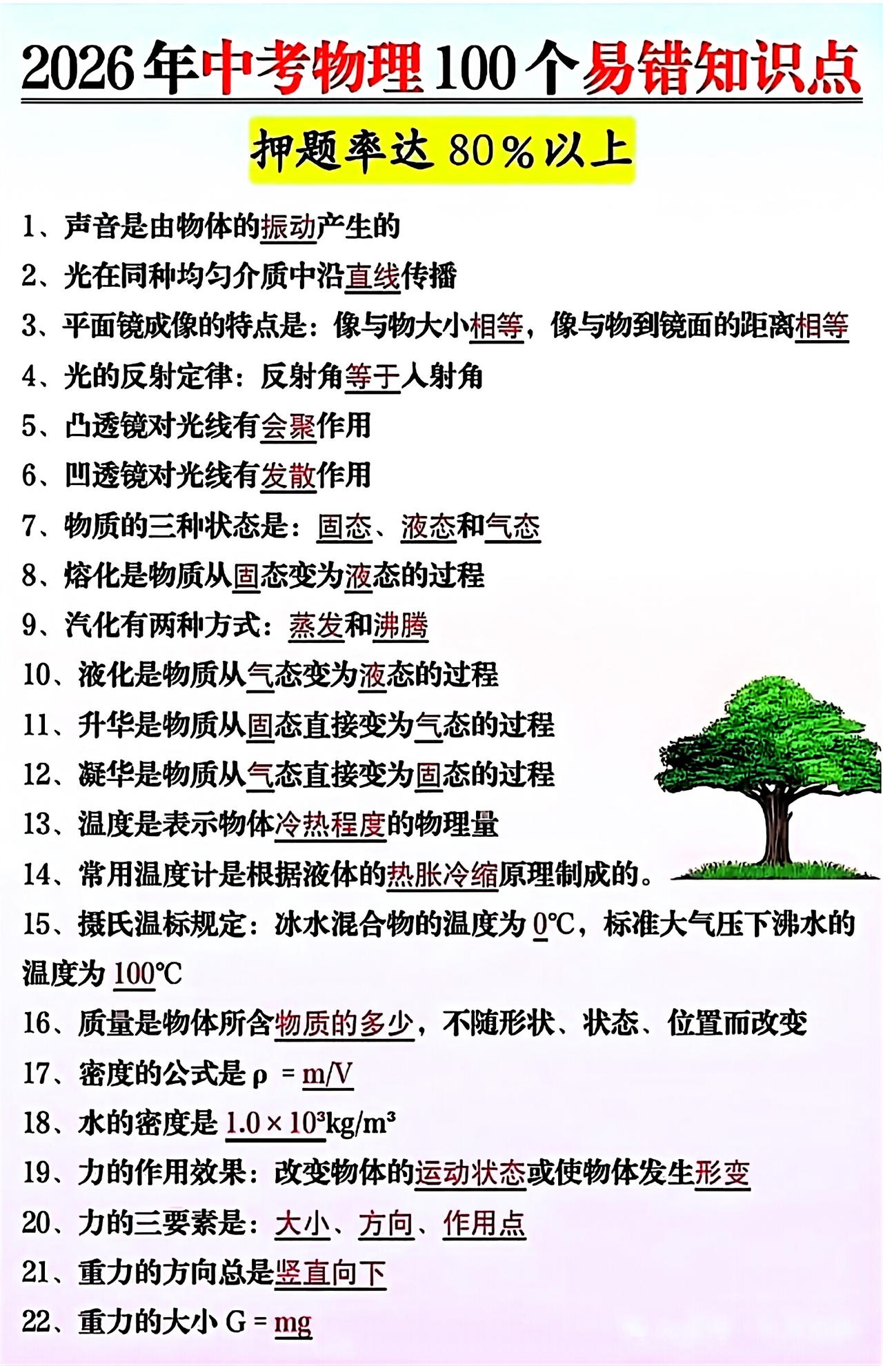 2026年中考物理100个易错知识点