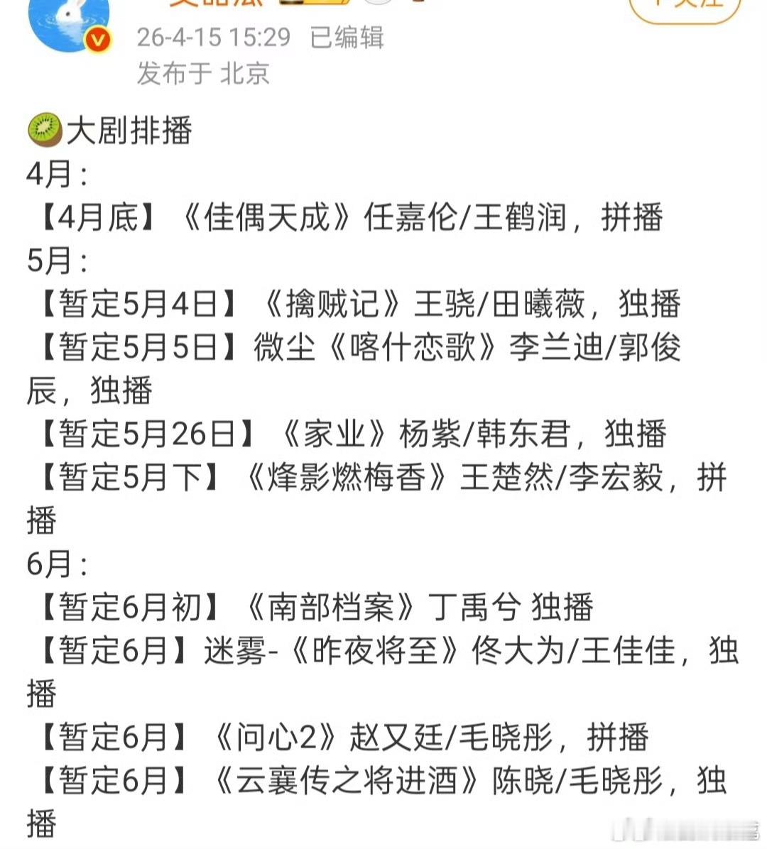 爱奇艺4～6月排播