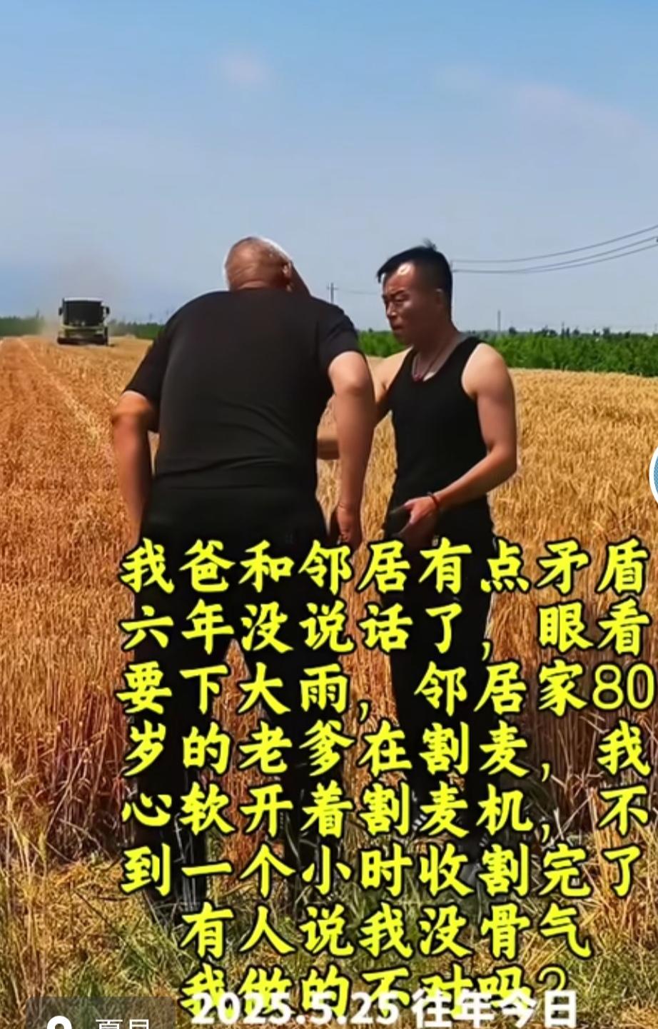 男子爸爸和邻居有点矛盾，6年没说话了。眼看要下大雨，邻居家80岁的老爹还在割麦