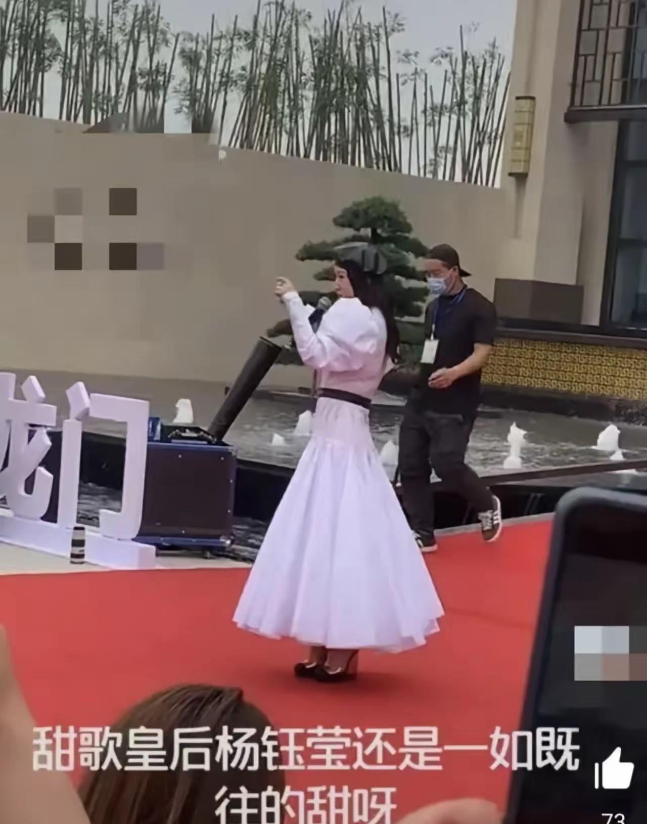 55岁杨钰莹穿蓬蓬裙站县城商演台，一开口全场合着拍巴掌的手都停了。细高跟踩得临