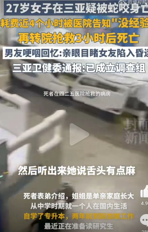被毒蛇咬死的女孩男朋友发话了：女朋友被咬的第一时间是向酒店前台求救的，因为发现