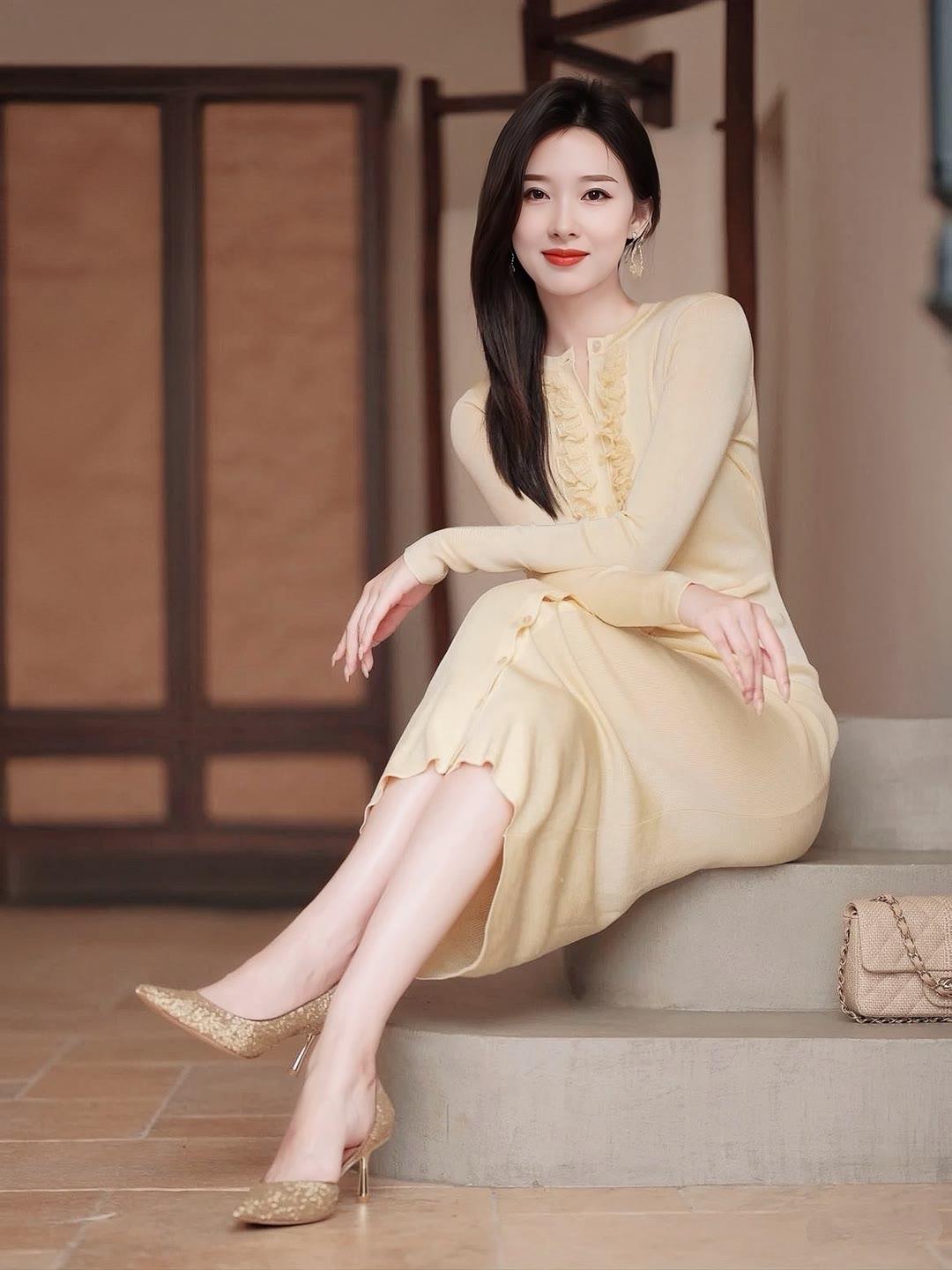 一件‌淡淡的黄色连衣裙‌,优雅又温柔。