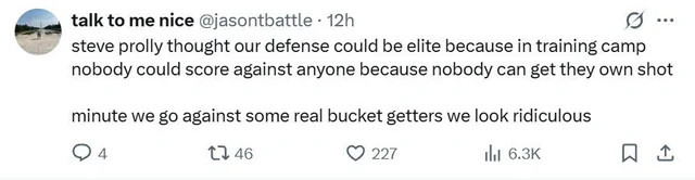 哈哈，很好的笑话！科尔可能觉得咱们的防守能达到顶级水准，因为训练营里根本没人能得