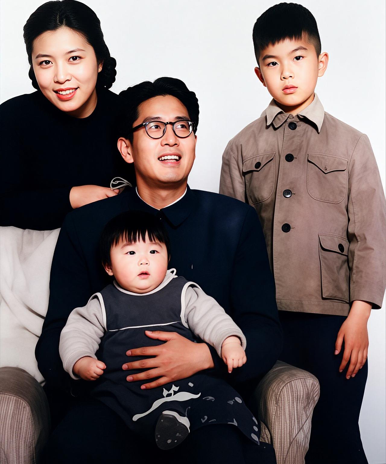 1955年，乔冠华与妻子龚澎在北京家中，拍摄的一张全家福，两人都是新中国出色的外