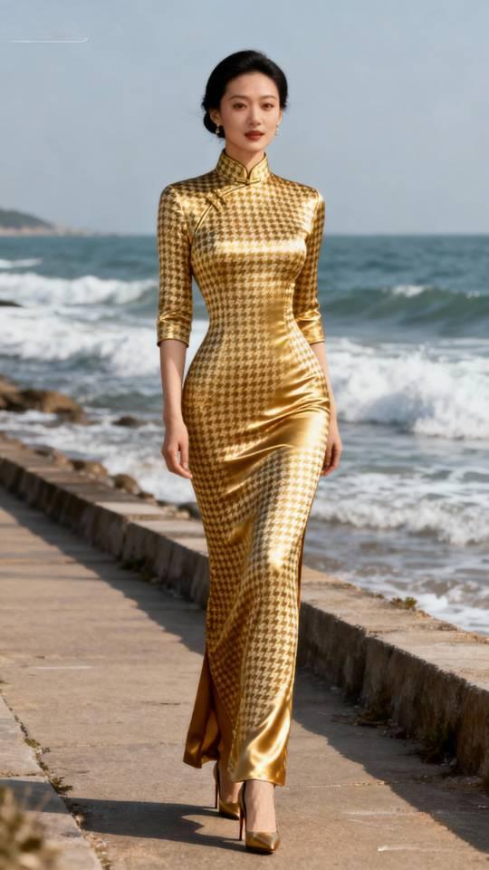 海边漫步，金光闪闪的旗袍，优雅动人！黄金旗袍美人旗袍美女