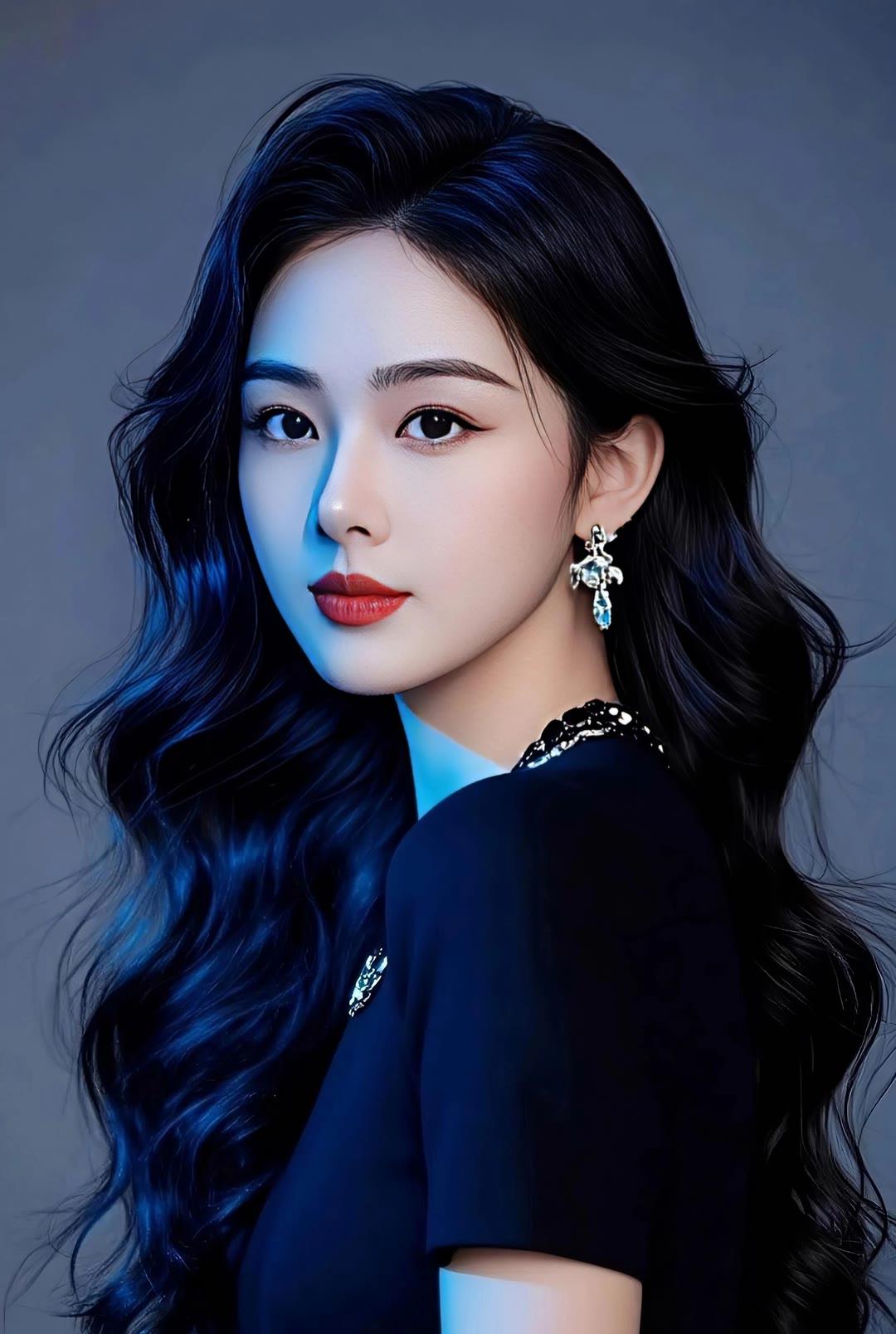 冷艳蓝调，优雅黑裙，红唇魅惑，时尚大片