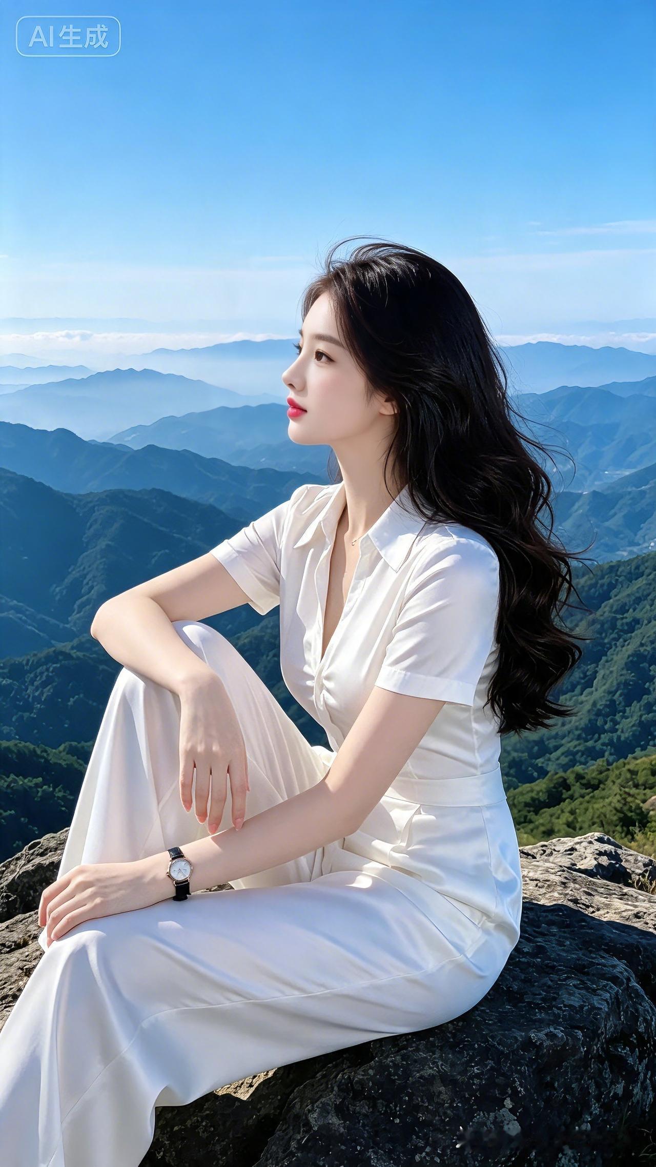 山巅白衣佳人青山千层连碧天，流云缥缈绕峰绵。乌发轻卷随风舞，素衣胜雪映娇颜。