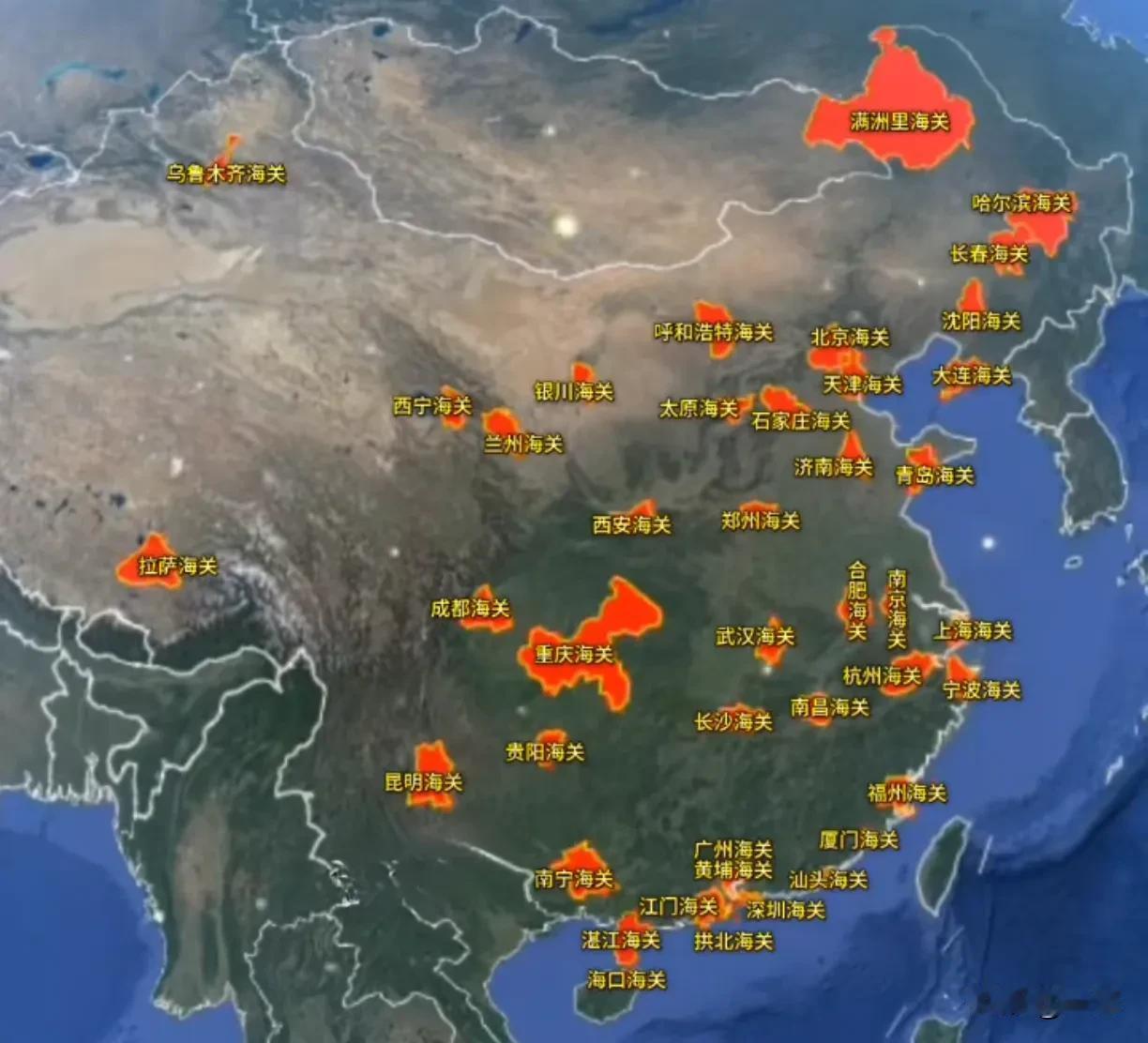 这是全国各地中央直属海关的分布图。有人说，其实不沿边不沿海的地方海关的作用不是很