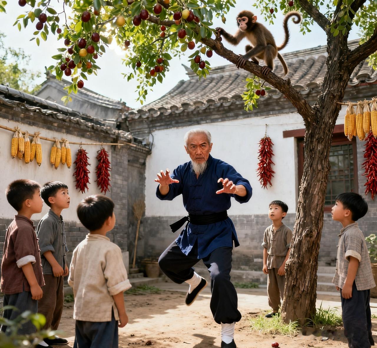 民国时期，村里一位大爷，跟人学了几路猴拳，劳作之余，拳不离手，强身健体。一年冬天