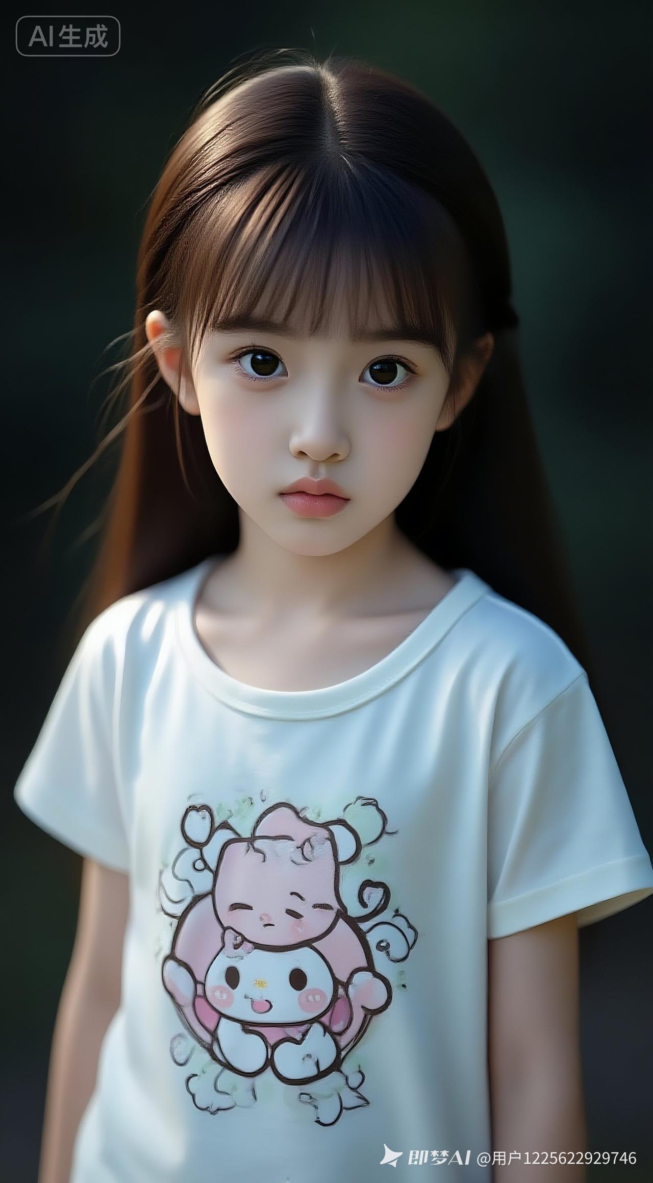 小孩瓷白肌肤，着彩纹短T清纯，简约配饰，撇嘴娇俏楚楚可爱。伦勃朗光，暗调房间慵懒