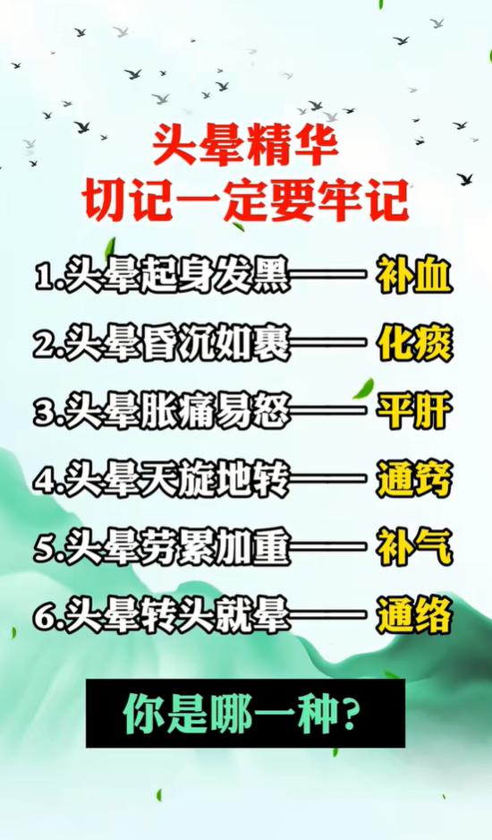 头晕分6种类型，调理方向各不相同，对照看看