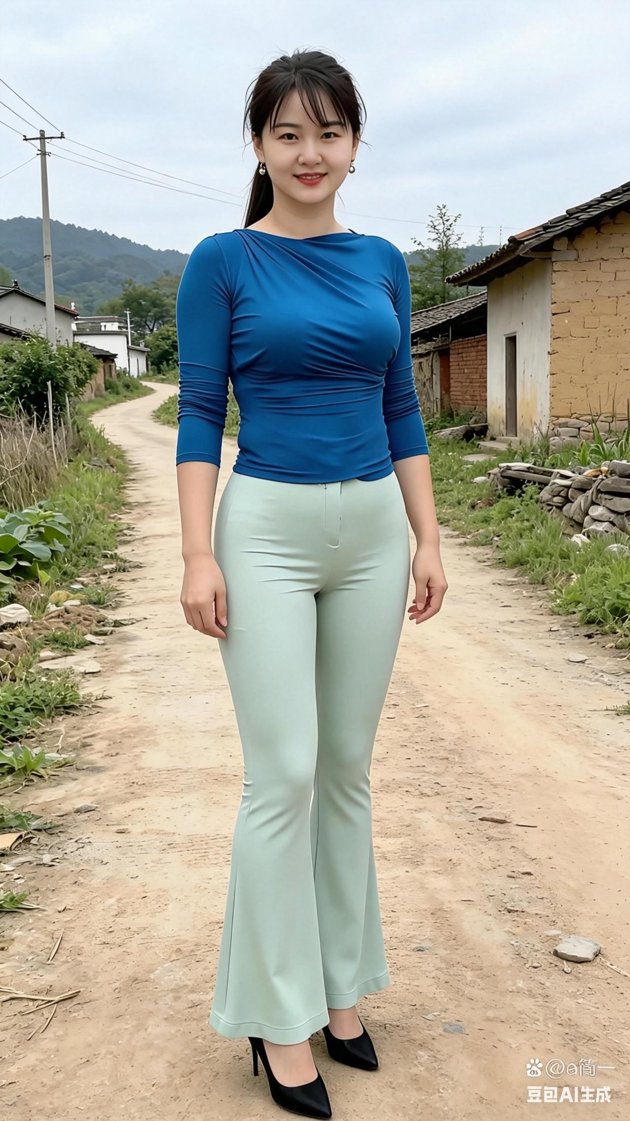 乡间土路上，身着蓝衣的女子对着镜头温柔浅笑，眉眼温婉，背景静谧乡土风光静止，画面