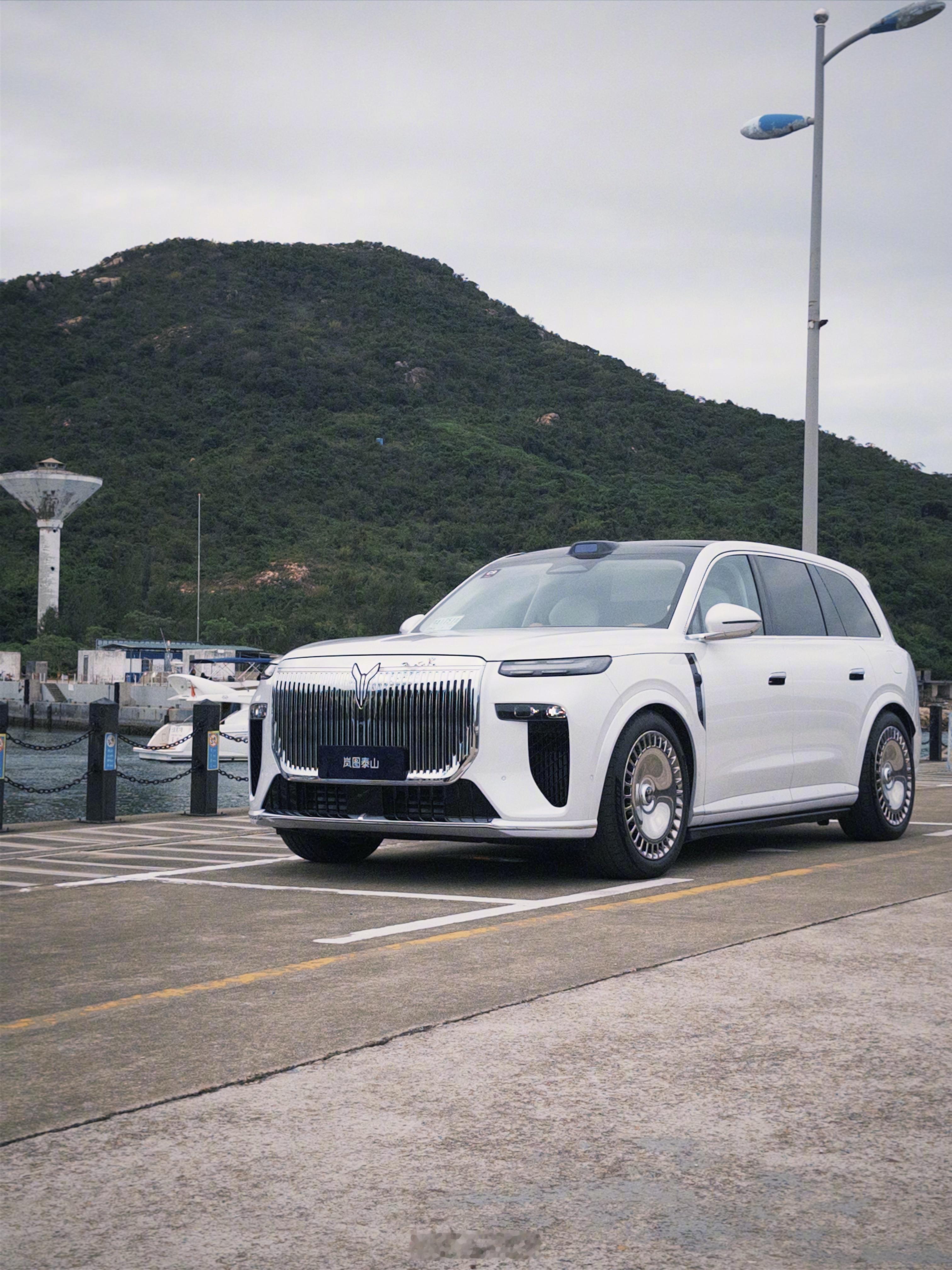 特意选了白色泰山拍～白色配大饼太雅了，不会出错的一个搭配，岚图选的地方游艇码头也