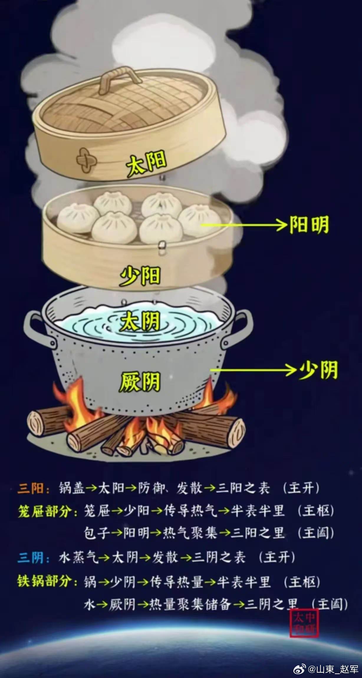 把身体比作一栋楼：上焦是楼上的房间，住着心和肺，主管阳气、气血的运行。中焦是中间