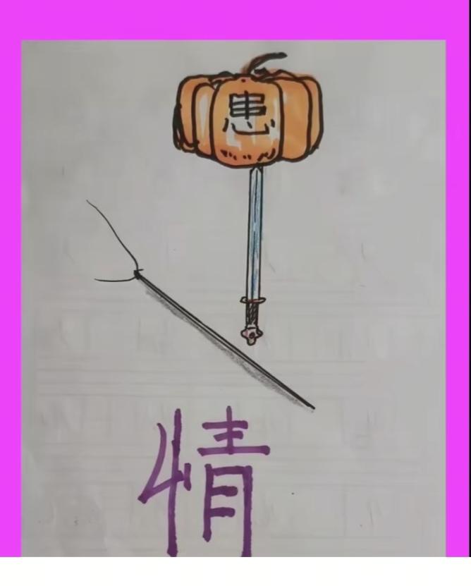 〔看图猜词语〕图中画面真是美；有针还有大南瓜；汉字就是患和情；谐音猜字挺