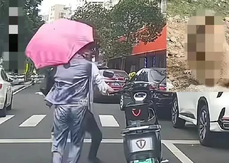 近日，江苏，路上一对夫妻骑着电动车，不知因为什么原因，两人突然停下车，先是拌嘴争