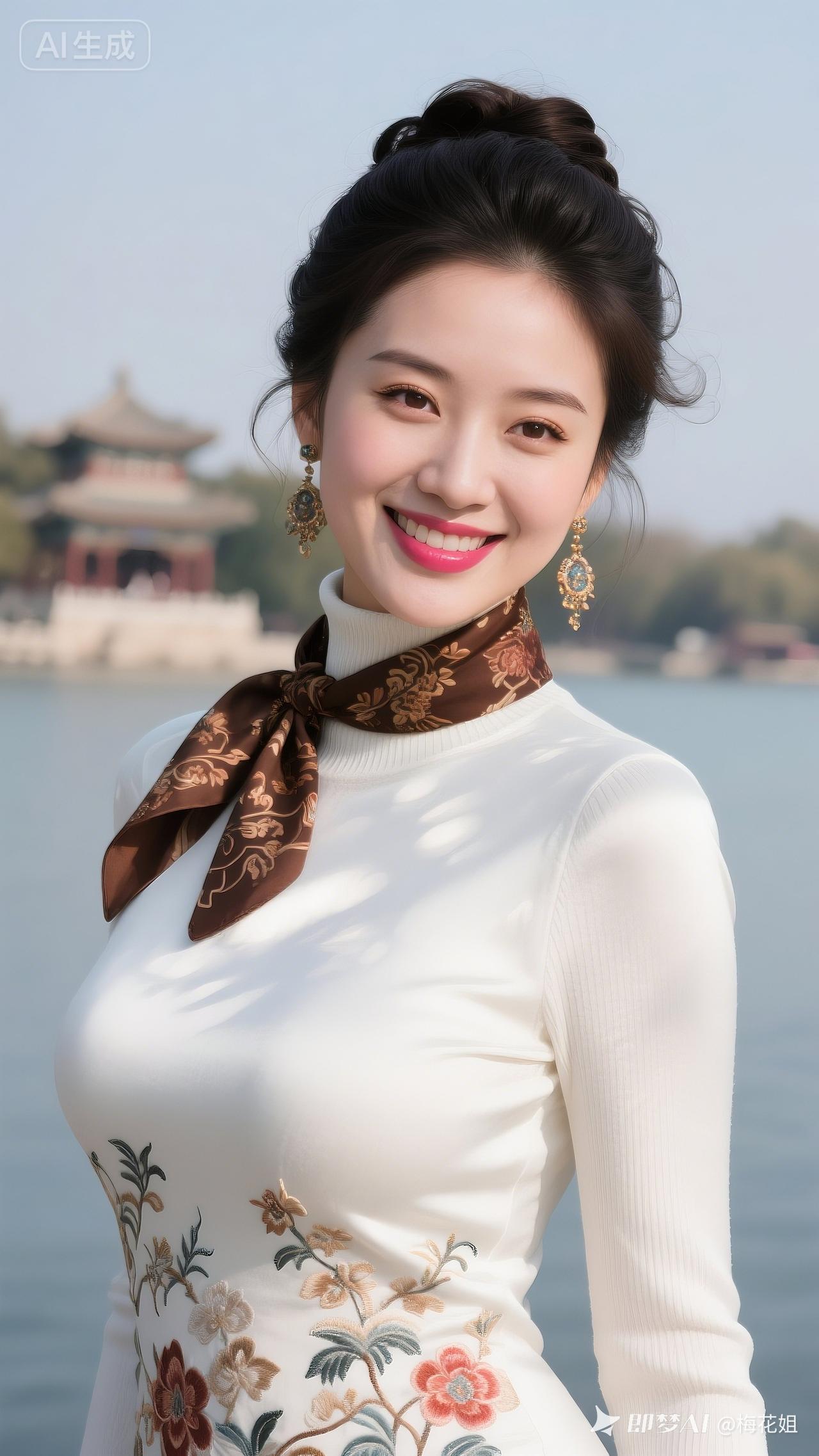 优雅古风少女，笑靥如花，置身于古典园林之中。