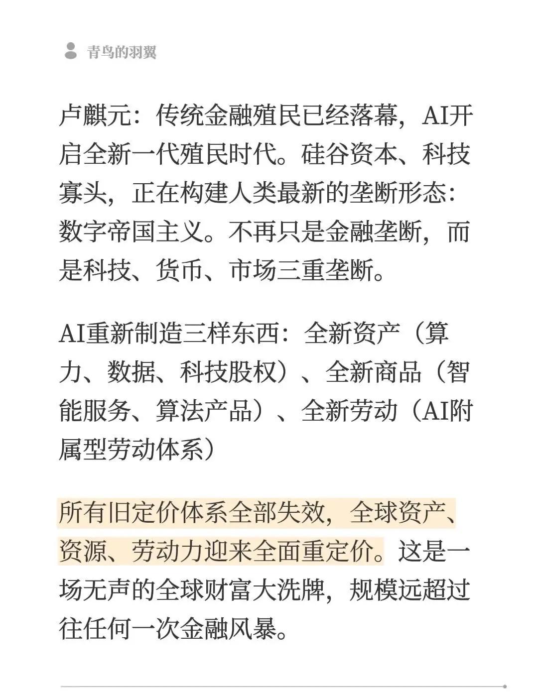 卢麒元：传统金融殖民已经落幕，AI开启全新一代殖民时代。硅谷资本、科技寡头，正在