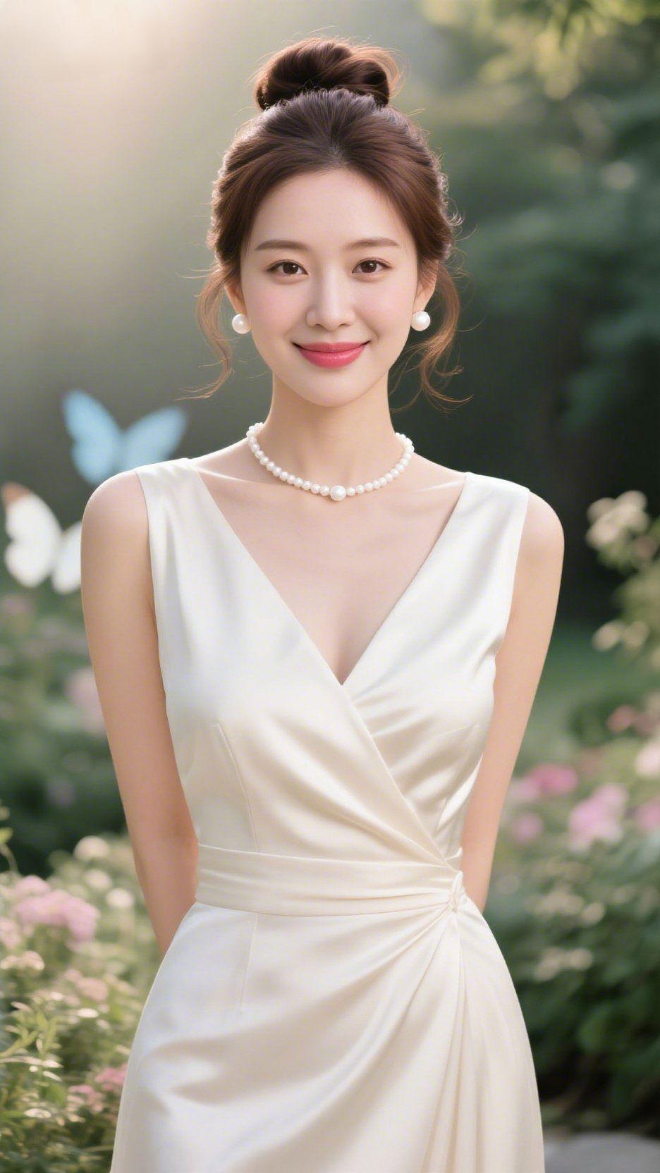 园春暖煦轻笼翠色稠，繁花缀影映芳洲。双蝶逐风穿薄雾，一溪清韵绕汀头。