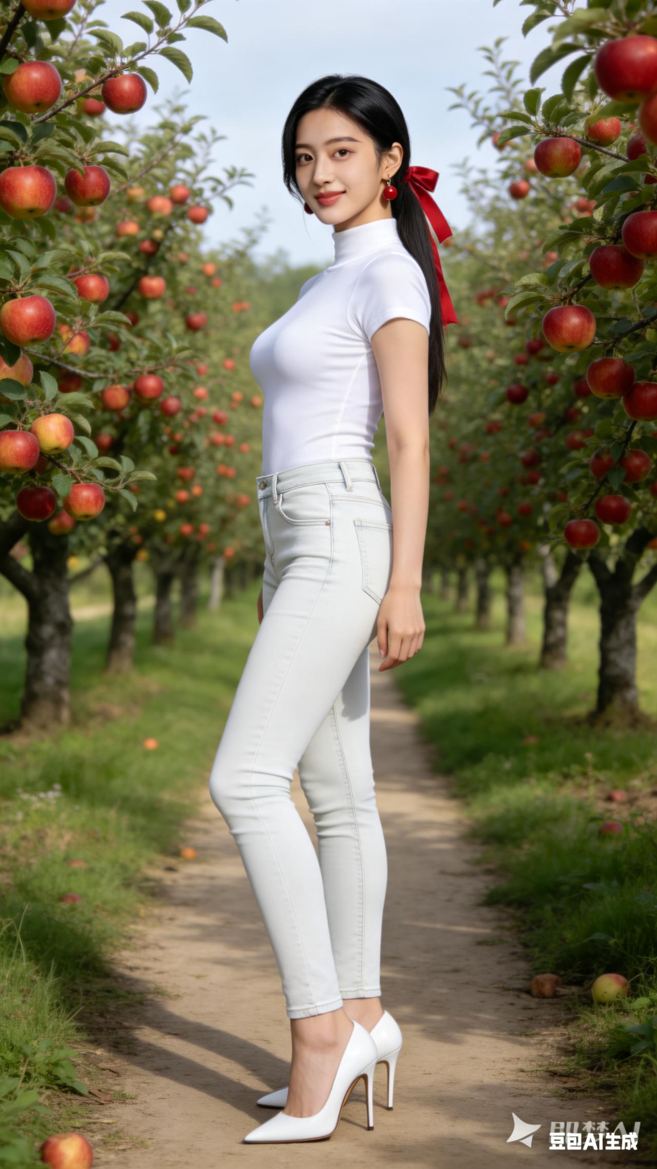 苹果园里的甜美少女，红苹果与白衣相映成趣，清新自然！🍎💃