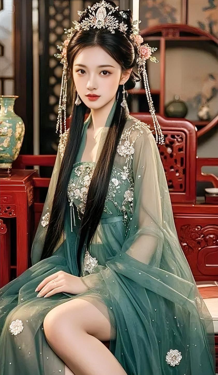 珠翠轻摇，流苏在发间温柔低语，一袭墨绿轻纱，绣着繁花的诗意。你静坐红木椅
