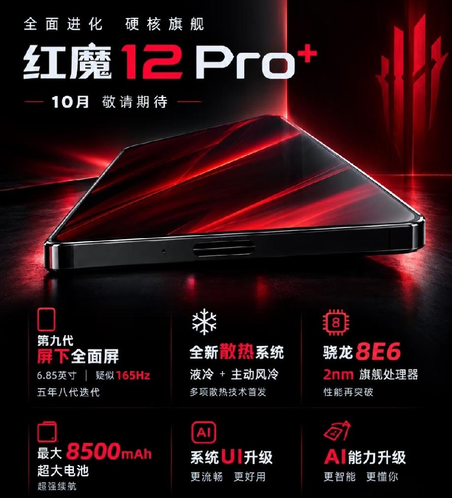 红魔12Pro+作为硬核游戏旗舰将于10月正式登场。搭载2nm骁龙8E
