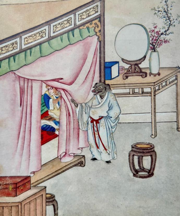 这是清朝人画的西游记中孙悟空在高老庄戏弄猪八戒的工笔画。猪八戒虽然长得人身猪头、