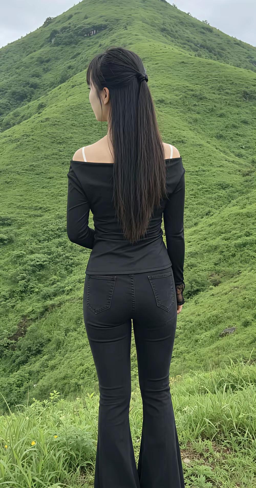 绿意盎然的山丘前，黑衣少女背对镜头，长发飘逸，尽显自然之美。