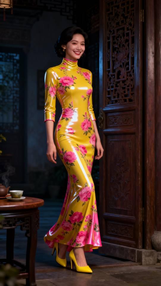 穿黄色花裙子的美女微笑着站在门口。连衣裙旗袍裙美女高雅气质美女