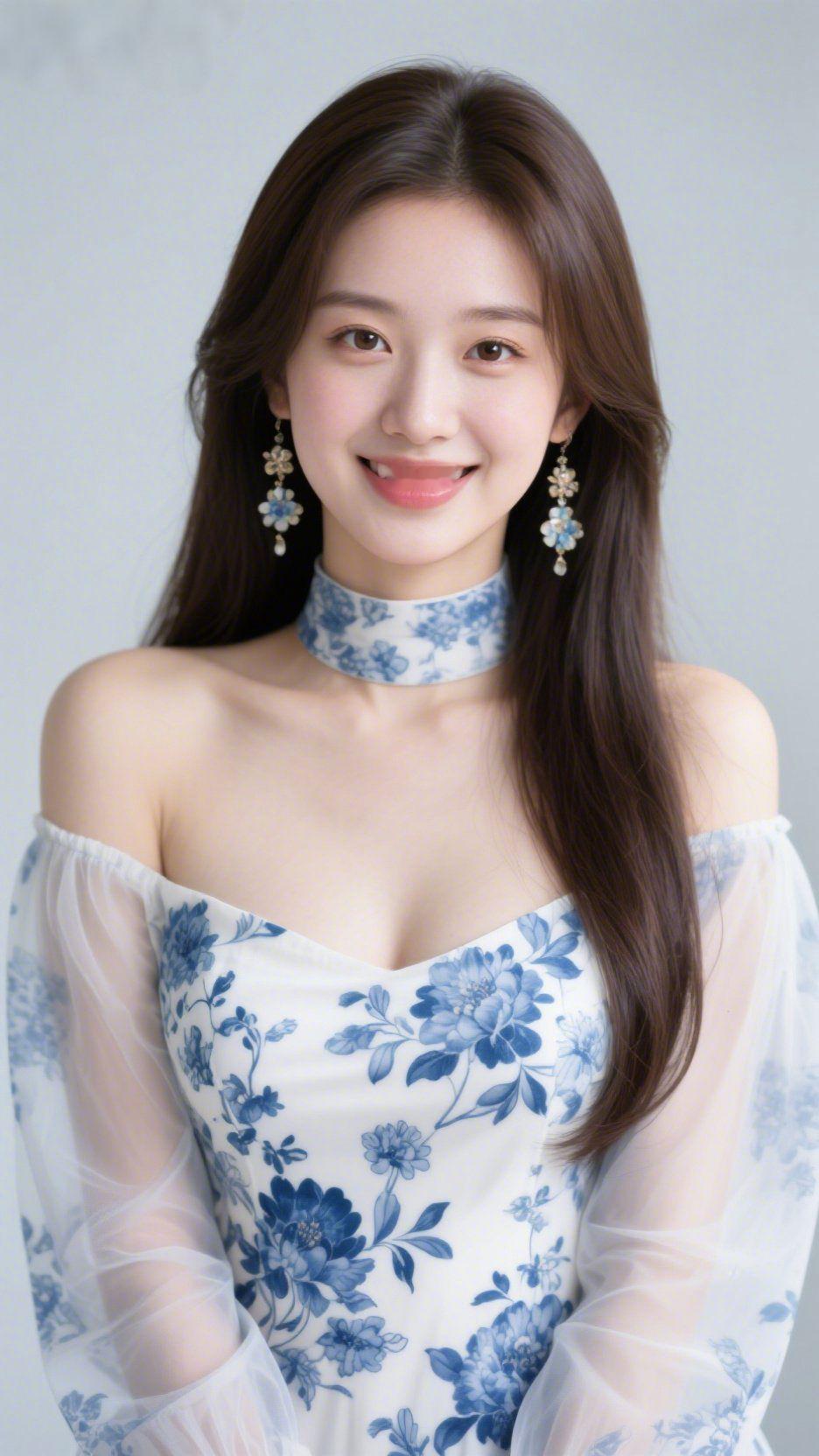 青花映眸藏温柔一袭青花礼裙漾着清浅的温柔，似将江南烟雨揉进了衣袂。颈间的青