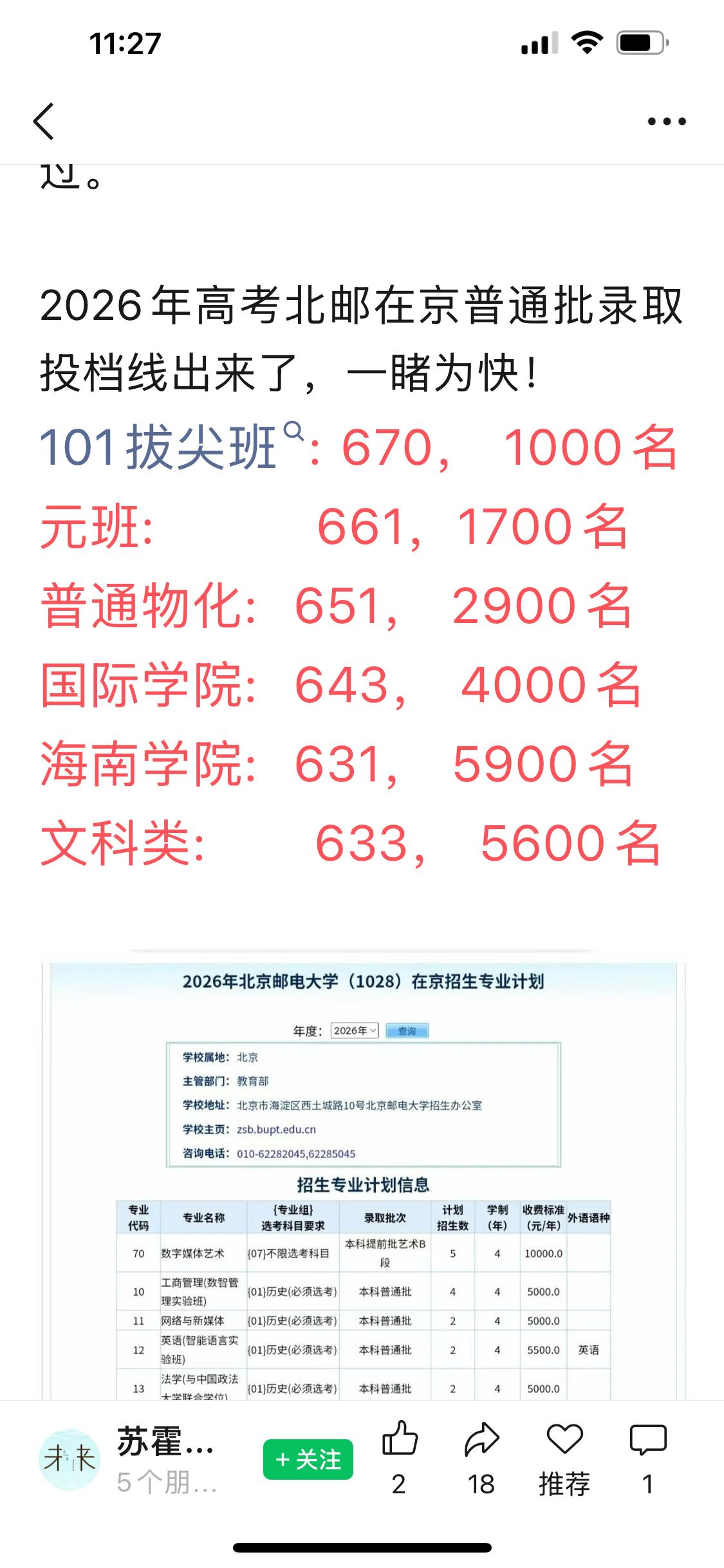 2026北京邮电大学北京投档线:元班661，101班670，普通理工651，国际